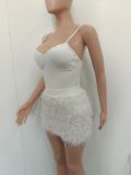 Sexy Solid Sling And Hairy Skirt 2 Piece Set BN-9412