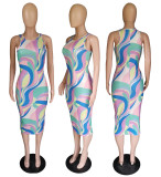 Colorful Print Sleeveless Midi Dress BYMF-60863