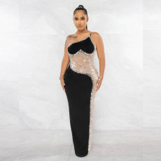 Pearl Hot Drill See-through Mesh Maxi Dress NY-9066