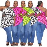 Plus Size Fashion Sexy Printed Oblique Shoulder Short Sleeve Top MOF-8920