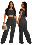 Sexy Solid One Shoulder Wide Leg Pants Two Piece Set MX-8231