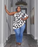 Plus Size Fashion Sexy Printed Oblique Shoulder Short Sleeve Top MOF-8920