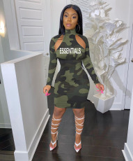 Camo Letter Print Long Sleeve MIdi Dress YUF-10025