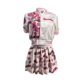Fashion Print Baseball Jacket And Pleated Skirt 2 Piece Set YFS-10321