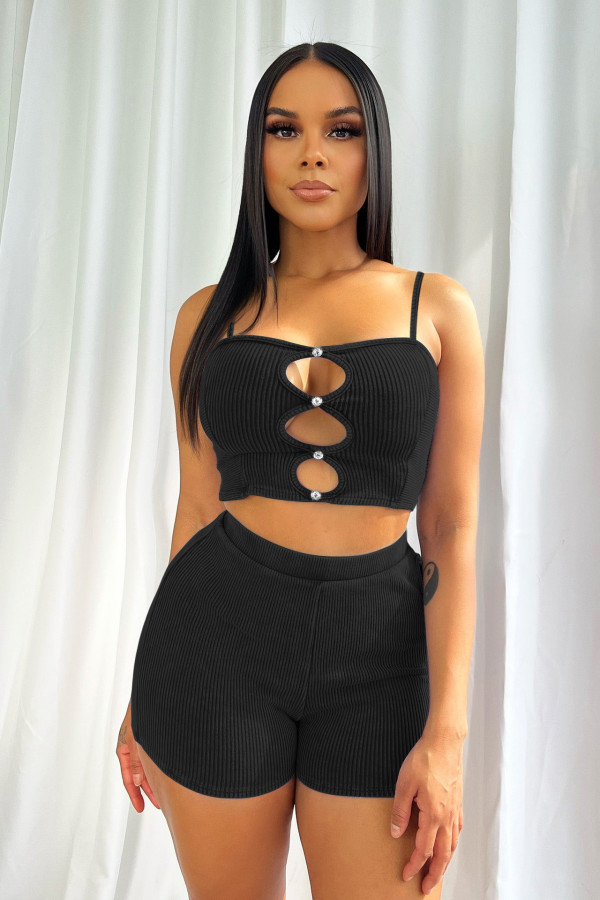 Sexy Sling Hollow Out Vest And Shorts Two Piece Set ME-8311