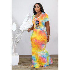 Plus Size Tie Dye Print Short Sleeve Mermaid Dress YFS-10314