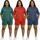 Casual Solid Color Short Sleeve Shorts Sport Set OMY-11003