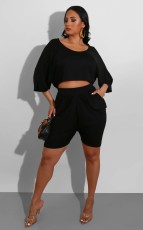 Solid Color Ruched Half Sleeve Shorts 2 Piece Set WY-86688