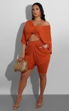 Solid Color Ruched Half Sleeve Shorts 2 Piece Set WY-86688