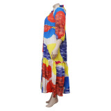 Plus Size Retro Color Block Print Big Swing Maxi Dress NNWF-3044