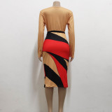 Fashion Color Block Print Long Sleeve Dress SMR-11884
