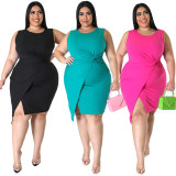 Plus Size Solid Color Sleeveless Split Dress ONY-7042