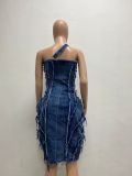 Fashion Patchwork Sling Denim Mini Dress YMEF-5105