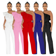 Solid Color Ruffled Jumpsuit With Belt YF-10423