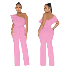 Solid Color Ruffled Jumpsuit With Belt YF-10423