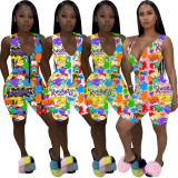 Casual Sports Zipper Sleeveless Cartoon Print Rompers WY-86671