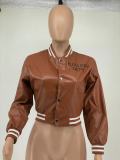 Color Blocking Rib Leather Baseball Jacket WAF-499239
