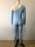 Long Sleeve Diagonal Shoulder Cardigan Top Pants Two Piece Set MIL-L433