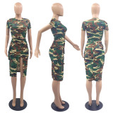 Camo Printed Short Sleeve And Split Skirt 2 Piece Set YUF-90116