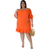 Plus Size Solid One Shoulder Ruffle Casual Dress SLF-7072