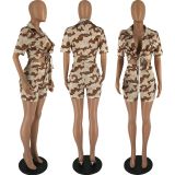 Camouflage Short Sleeve Shirt Shorts Two Piece Set FOSF-8341
