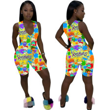 Casual Sports Zipper Sleeveless Cartoon Print Rompers WY-86671