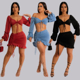 Wrap Chest Long Sleeve Tops And Pleat Skirt 2 Piece Set MIL-L437