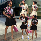 Printed Short Sleeve Baseball Coat And Pleated Skirt 2 Piece Set GHF-138