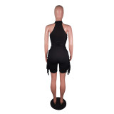 Solid Sleeveless Bodysuit And Tassel Shorts Sport Set BS-1339