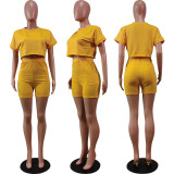 Round Neck Short Sleeve Pocket Shorts Two Piece Set WY-86780
