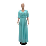Chiffon Split V-neck Solid Color Long Dress GYLY-9952