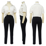 Short Sleeve Shirt Pants Contrast Color 2 Piece Set (With Waist Belt) YF-10447