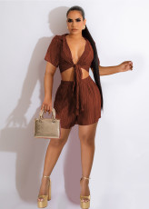 Fashion Solid Tie Up Tops Shorts 2 Piece Set HEJ-8313