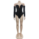 Sexy Wrap Chest Sequin Feather Bodysuit BY-6225