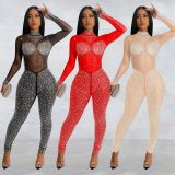 Fashion Mesh Hot Drill Long Sleeve Two Piece Pants Set BY-6203