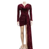 Solid Sequin Cape Long Sleeve Mini Dress BY-6231