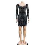 Solid Color Mesh Hot Drill Mini Dress BY-6243