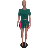 Casual Short Sleeve Tassel Shorts Two Piece Set OMY-11002