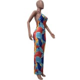 Casual Print Halter V Neck Maxi Dress OLYF-6116