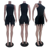 Solid Color Vest Drawstring Shorts Tassel 2 Piece Set MAE-2165