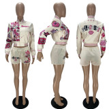 Fashion Print Baseball Coat And Shorts Two Piece Set XYF-9302