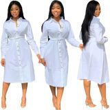 Plus Size Solid Long Sleeve Shirt Dress Without Belt XYKF-9136