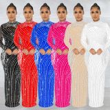 See Through Hot Drill Long Sleeve Dress And Sling Bodysuit Two Piece Set BY-6266