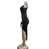 Single Shoulder Long Sleeve Irregular Midi Dress BY-6286