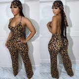 Leopard Print Sling Jumpsuit With Headscarf OD-8547