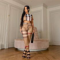 Fashion Stripe Crop Tops Slim Two Pants Piece Set QYLF-0024