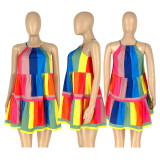 Rainbow Striped Color Blocking Sling Dress YIS-D950