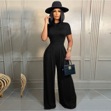 Solid Short Sleeve Pullover And Wide Leg Pants Two Piece Set SH-390498