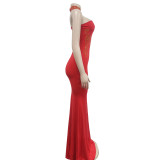 Solid Hot Drilling One Shoulder Sleeve Maxi Dress BY-6101