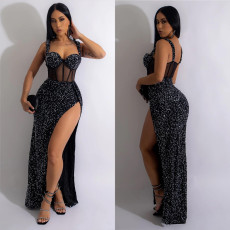 Solid Sequin Mesh Split Maxi Dress BY-6220